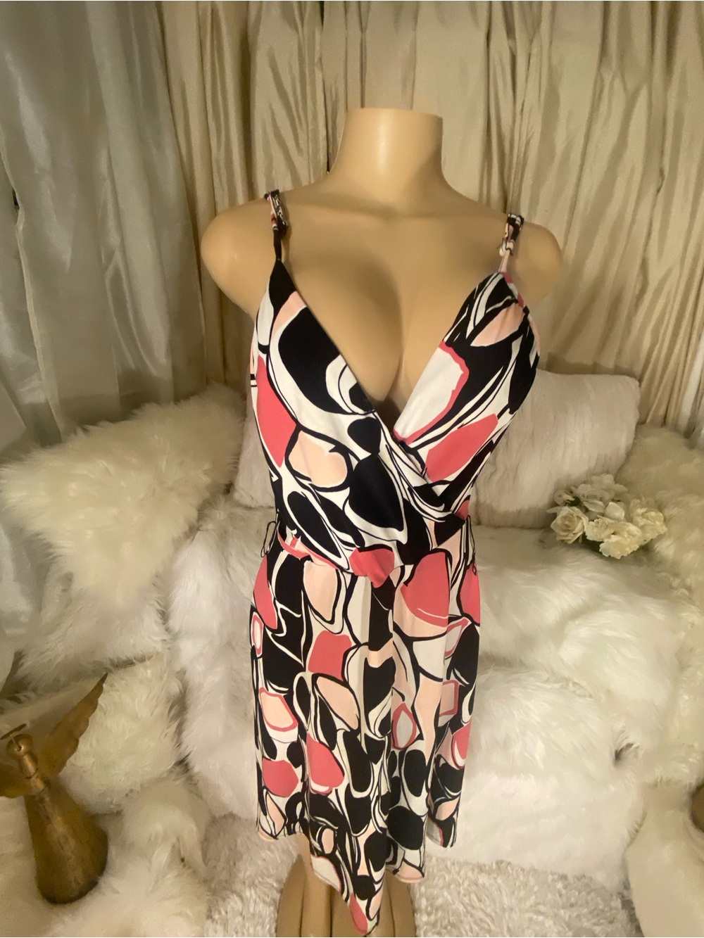 Merona Pink, Black & Cream Abstract Print Wrap Dress